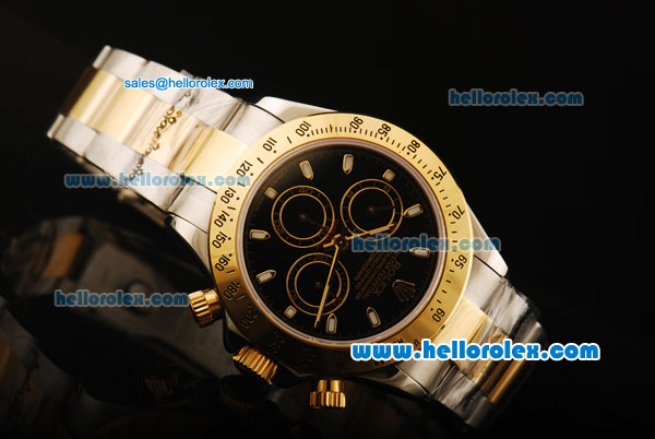 Rolex Daytona Chronograph Swiss Valjoux 7750 Automatic Movement Steel Case with Black Dial and Gold Bezel-Two Tone Strap - Click Image to Close
